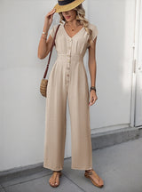 Casual V-neck Elastic High Waist Wide Leg Jumpsuit