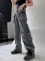 Retro Grey Multi-pocket Straight Slim Jeans