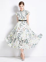 Printed Lotus Leaf Sleeve Big Swing Dress