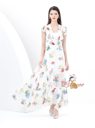 Retro Deep V-neck Floral Long Dress