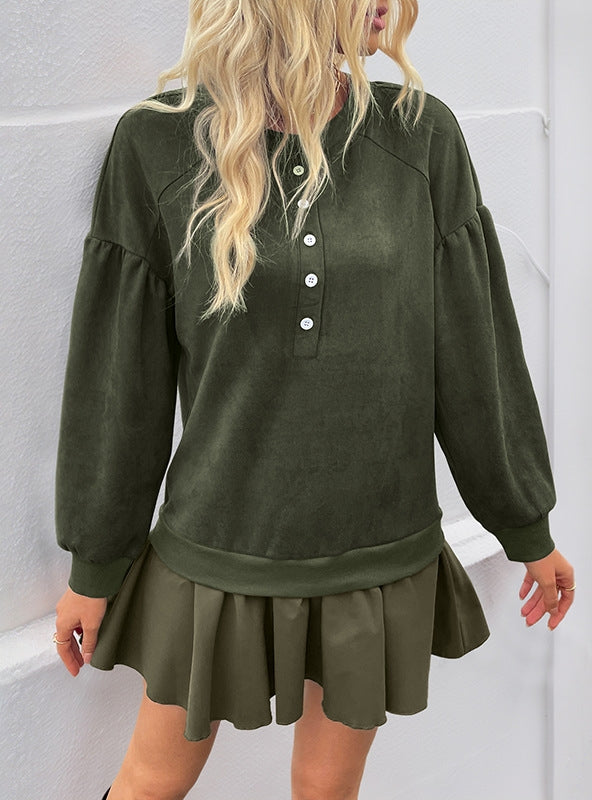 Casual Retro Long-sleeved Solid Color Dress