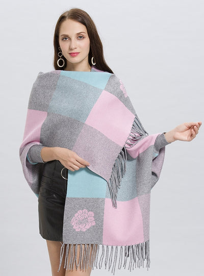 Plaid Fringed Knit Cardigan Shawl