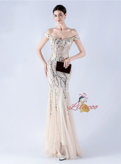 Mermaid Sequins Off the Shoulder Beading Prom Dress