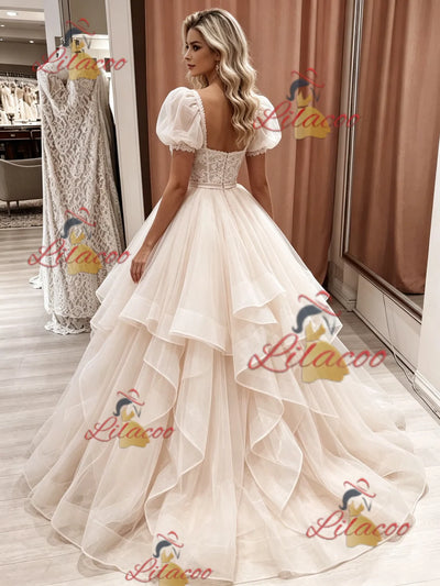 Champagne Tulle Puff Sleeve Lace Wedding Dress