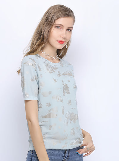 Hot Stamping Print Loose Short Sleeve Sweater