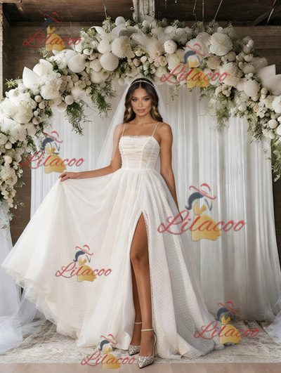 White Wave Point Straps Split Wedding Dress