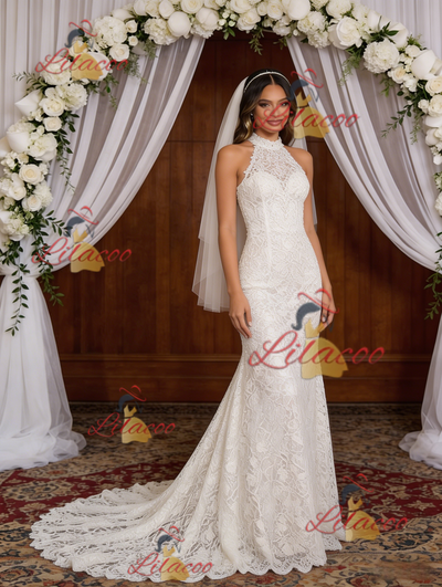 White Mermaid Lace Halter Wedding Dress