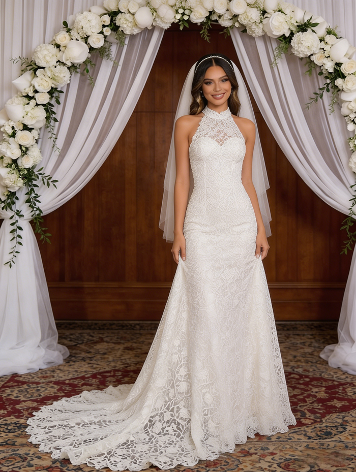 White Mermaid Lace Halter Wedding Dress