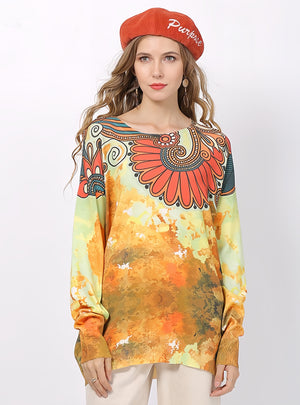 Round Neck Loose Vintage Printed Sweater