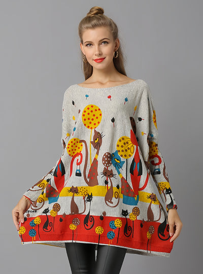 Cat Print Loose Pullover Sweater