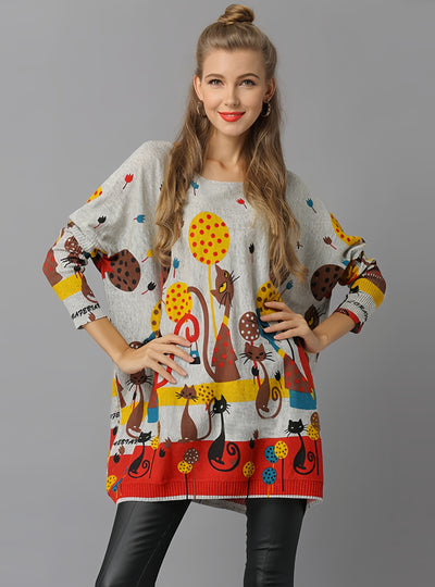 Cat Print Loose Pullover Sweater