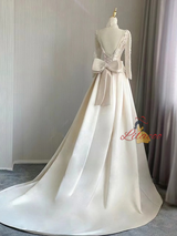 Ivory Satin Lace Long Sleeve Backless Wedding Dress