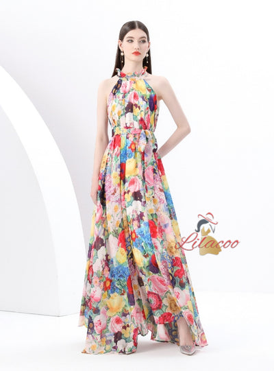 Seaside Holiday Halter Printed Chiffon Dress