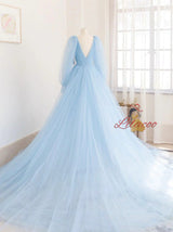 Light Blue Tulle Backless Long Sleeve Prom Dress