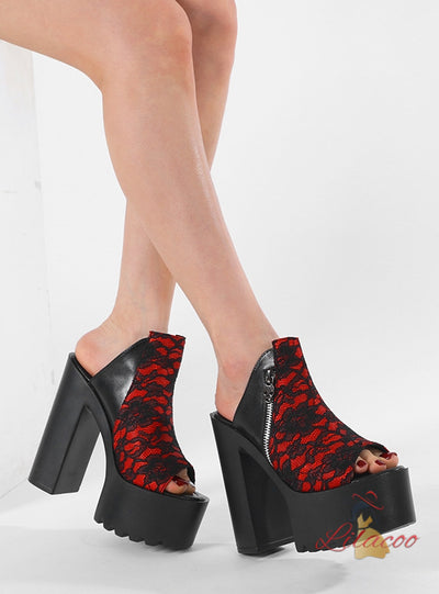 Lace Thick Soled Thick Heel Zipper Sandals