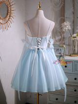 Blue Tulle Straps Pearls Homecoming Dress