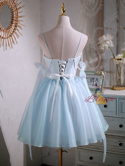 Blue Tulle Straps Pearls Homecoming Dress