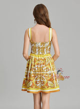 Retro Printed Suspender Short Dress