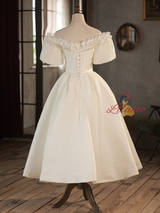 White Puff Sleeve Off the Shoulder Pearls Wedding Dress