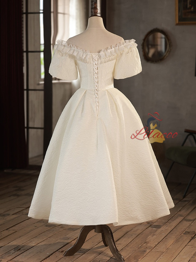 White Puff Sleeve Off the Shoulder Pearls Wedding Dress