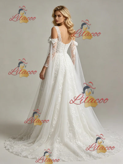 White Tulle Lace Appliques Straps Wedding Dress