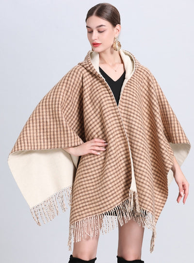 Double-sided Hooded Tassel Check Shawl Cloak
