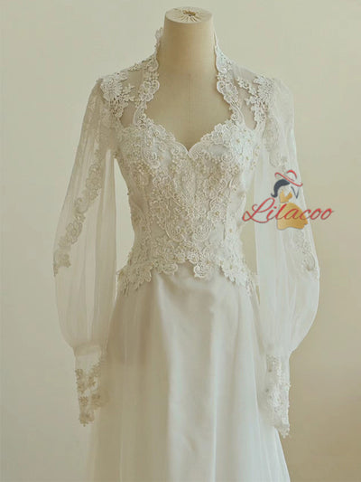 White Long Sleeve V-neck Lace Wedding Dress