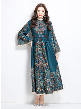Retro Stand-up Breasted Flared Sleeve Printed Dress