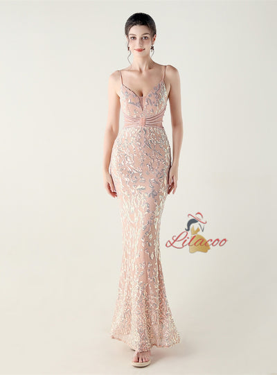 Mermaid Spaghetti Straps Sequins Beading Prom Dress