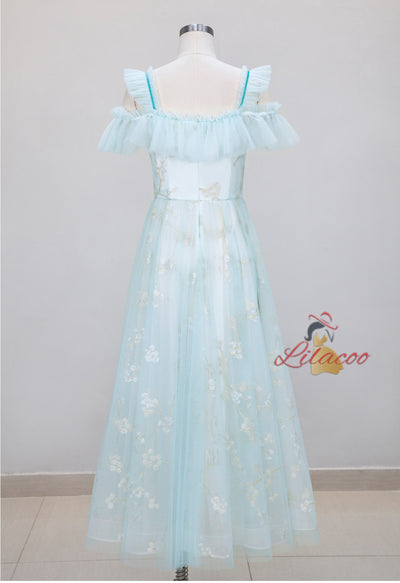 Embroidered Blue Backless Banquet Dress