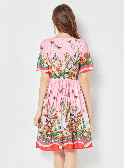 Slim-fit Mid-length Short-sleeved Printed Dress