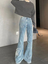 Retro Butterfly Embroidered Micro Horn Jeans