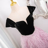 Pink Tassel Black Velvet Beading Prom Dress