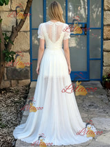 White Chiffon Short Sleeve Wedding Dress