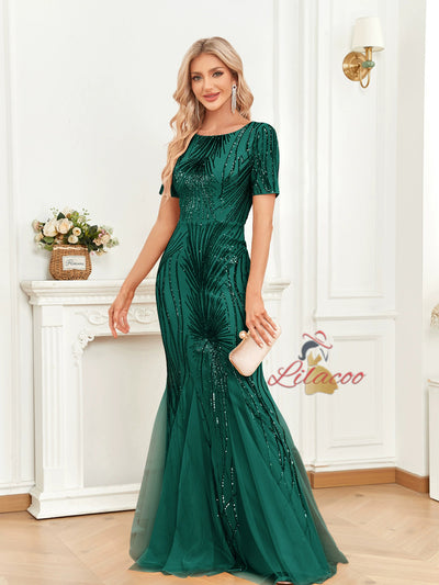 Gren Mermaid Sequins Short Sleeve Prom Dress