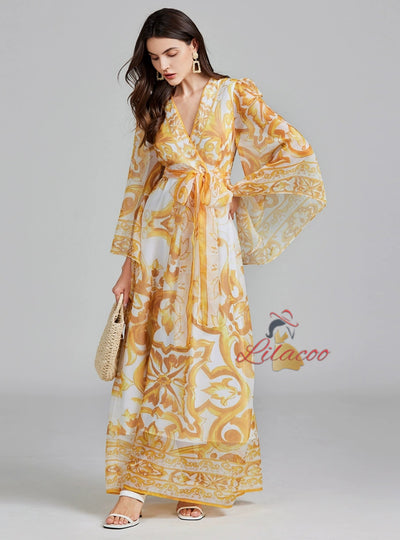 Horn Long Sleeve Print V-neck Dress