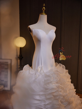 White Mermaid Strapless Tiers Wedding Dress