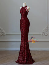 Burgundy Mermaid Sequins Halter Beading Prom Dress