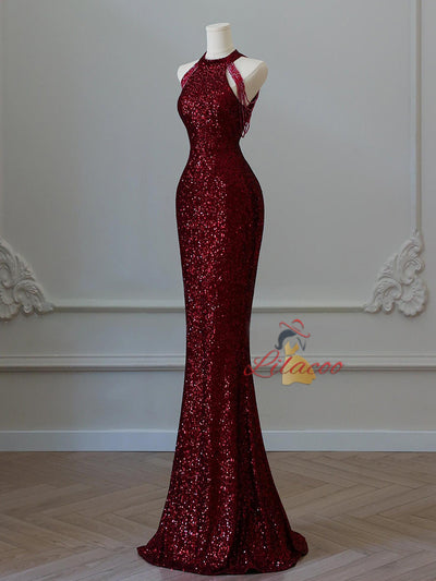Burgundy Mermaid Sequins Halter Beading Prom Dress