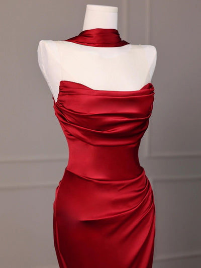 Burgundy Mermaid Satin Pleats Prom Dress
