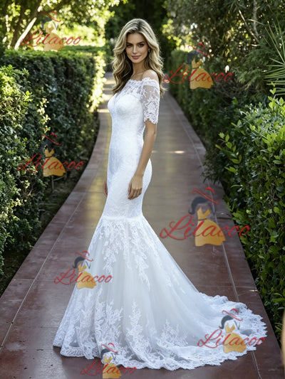 White Mermaid Lace Short Sleeve Wedidng Dress