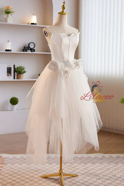 White Tulle Strapless 3D Flower Wedding Dress
