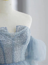 Blue Tulle Sequins Long Sleeve Prom Dress