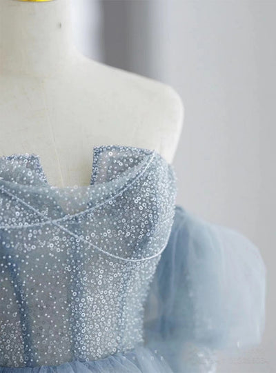 Blue Tulle Sequins Long Sleeve Prom Dress