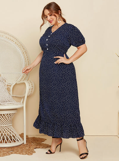 Polka Dot Short Sleeve Long Dress