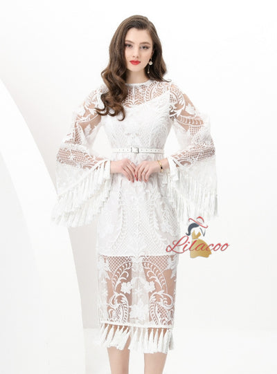 Mesh Flared Sleeve Crocheted Tassel Dress