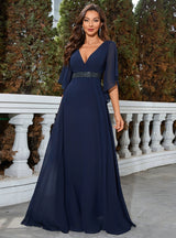 Navy Blue Chiffon V-neck Prom Dress