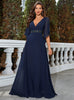 Navy Blue Chiffon V-neck Prom Dress