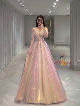 Pink Tulle Sequins Off the Shoulder Prom Dress