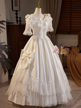 Satin Lace Short Sleeve Bow Wedding Dress